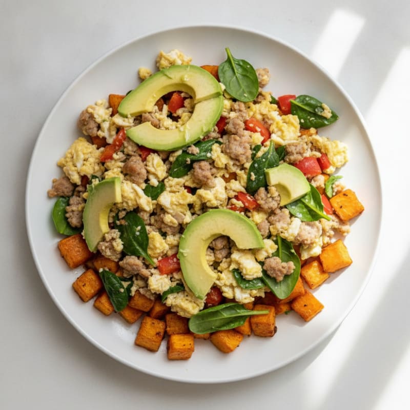 Egg White Scramble with Turkey Sausage and Roasted Sweet Potatoes