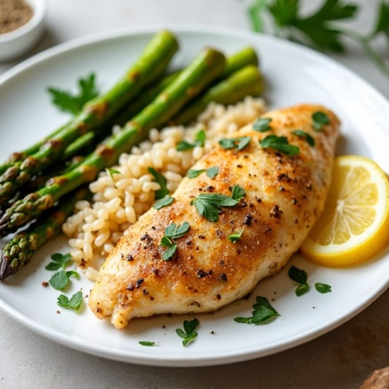Lemon Herb Chicken with Fluffy Brown Rice and Roasted Asparagus