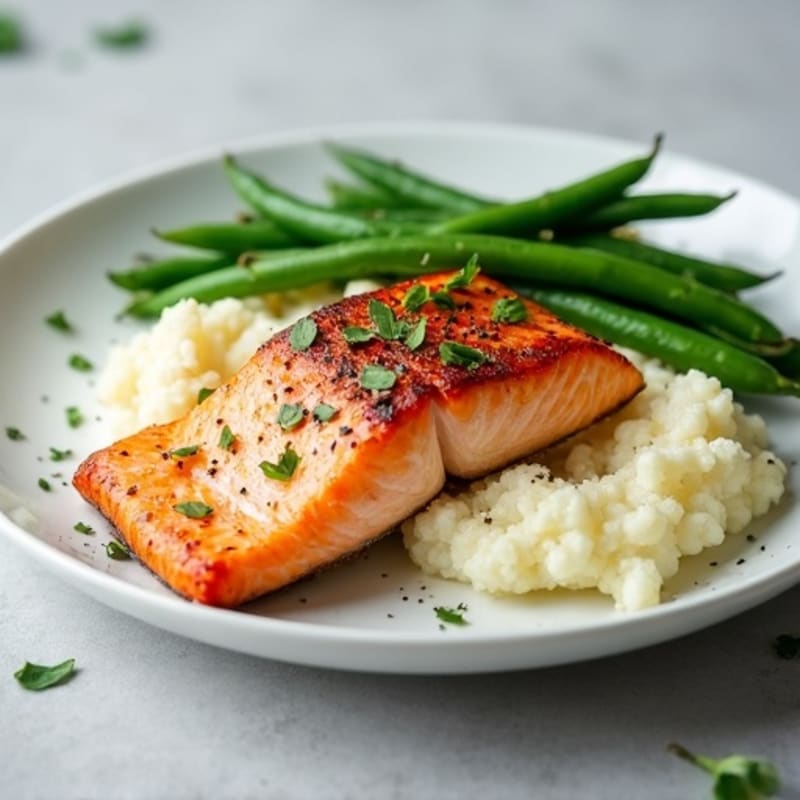 Seared Salmon Fillet with Steamed Green Beans and Mashed Cauliflower