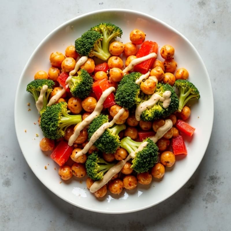 Sheet Pan Crispy Roasted Chickpeas and Vegetables with Creamy Tahini Drizzle