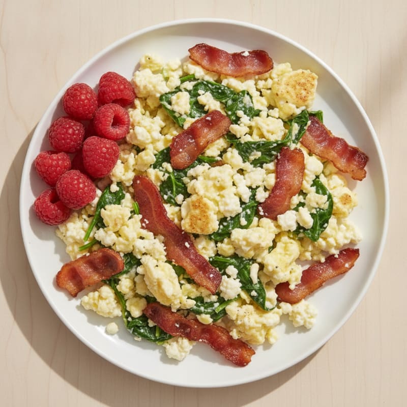 Cottage Cheese Scramble with Spinach and Turkey Bacon