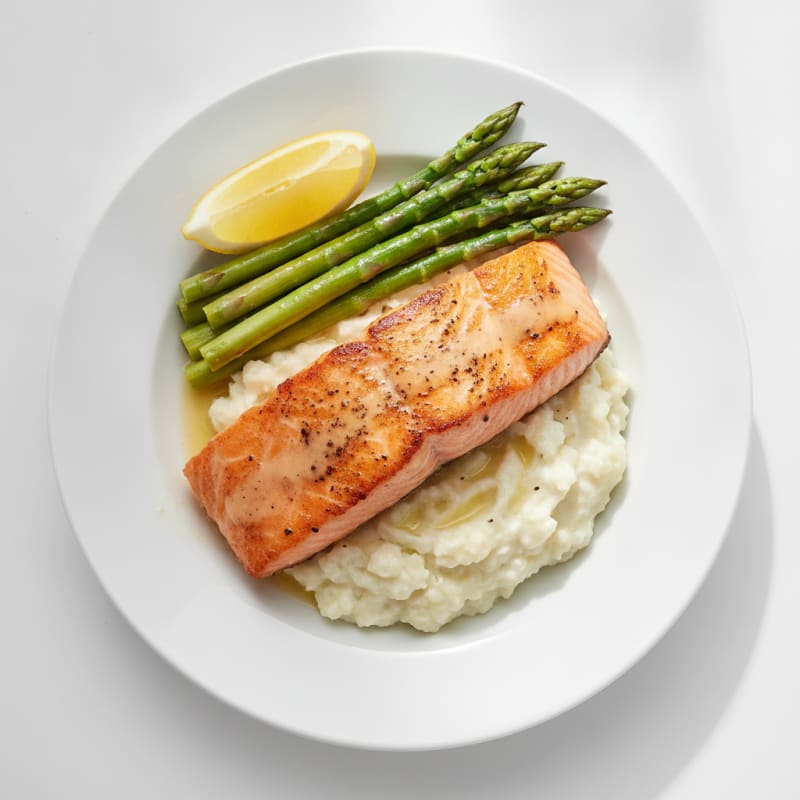 Seared Salmon with Steamed Asparagus and Garlic Mashed Cauliflower
