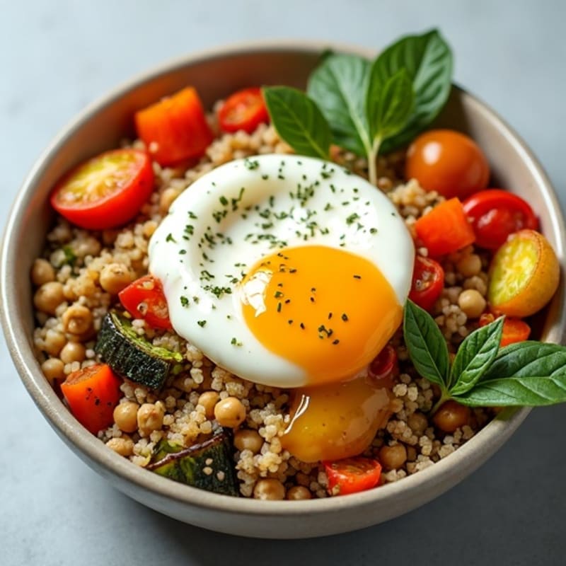 Herb-Roasted Vegetable Quinoa Bowl with Soft-Poached Eggs