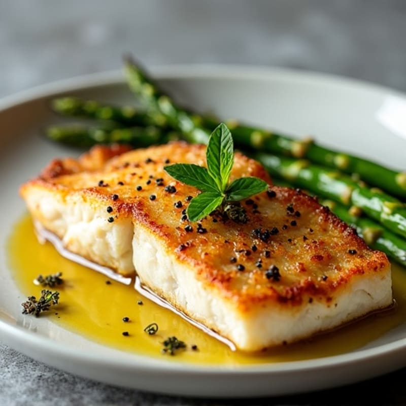 Crispy Pan-Seared Branzino with Lemon-Garlic Roasted Asparagus