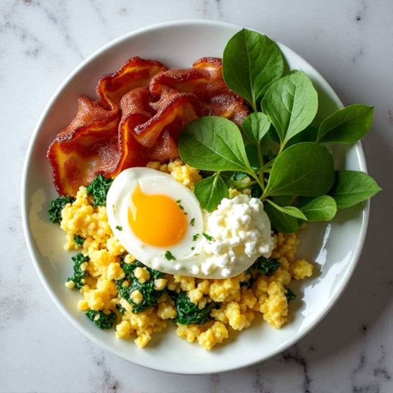Egg White and Spinach Scramble with Cottage Cheese and Turkey Bacon