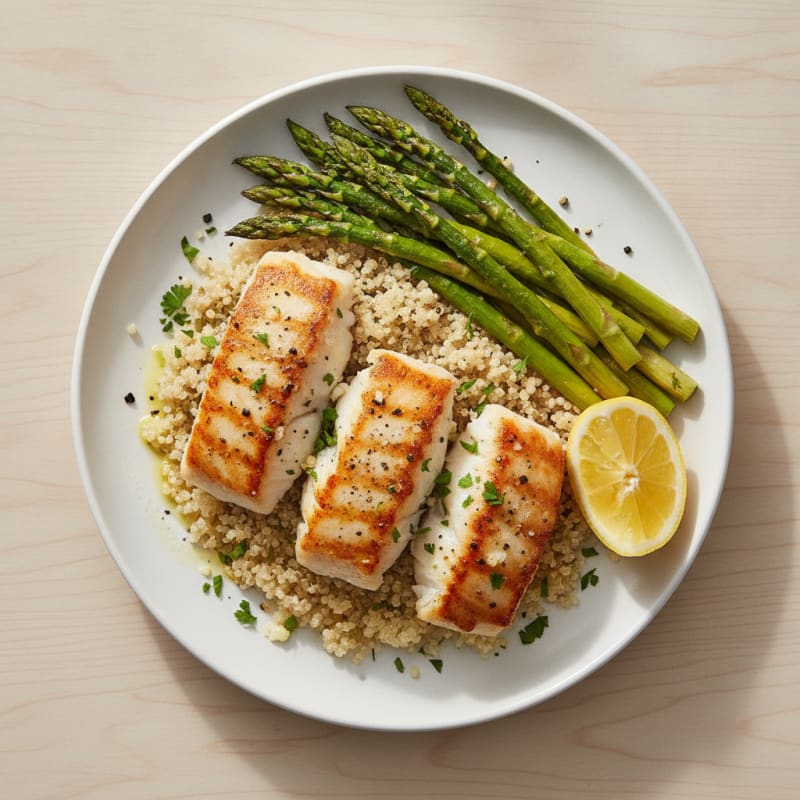 Pan-Seared Cod with Roasted Asparagus and Quinoa
