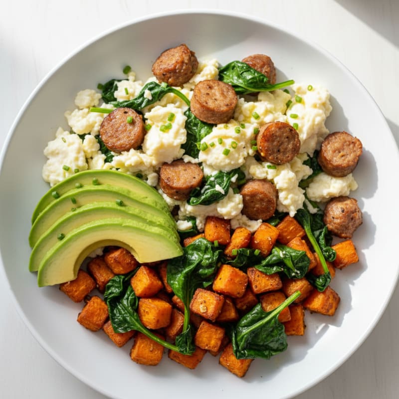 Egg White and Turkey Sausage Scramble with Sautéed Spinach and Sweet Potato Hash