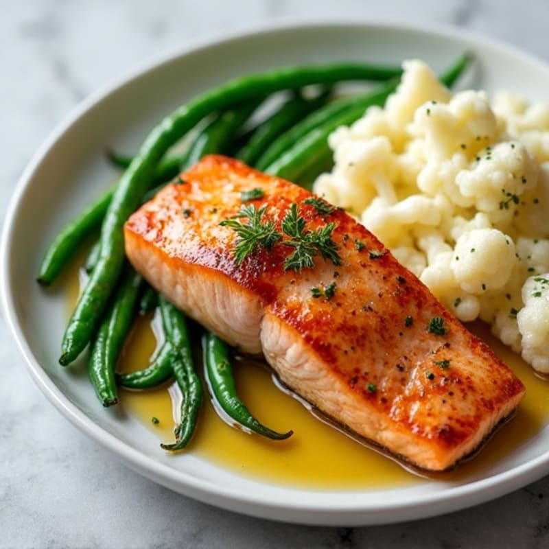 Seared Salmon with Steamed Green Beans and Garlic Mashed Cauliflower