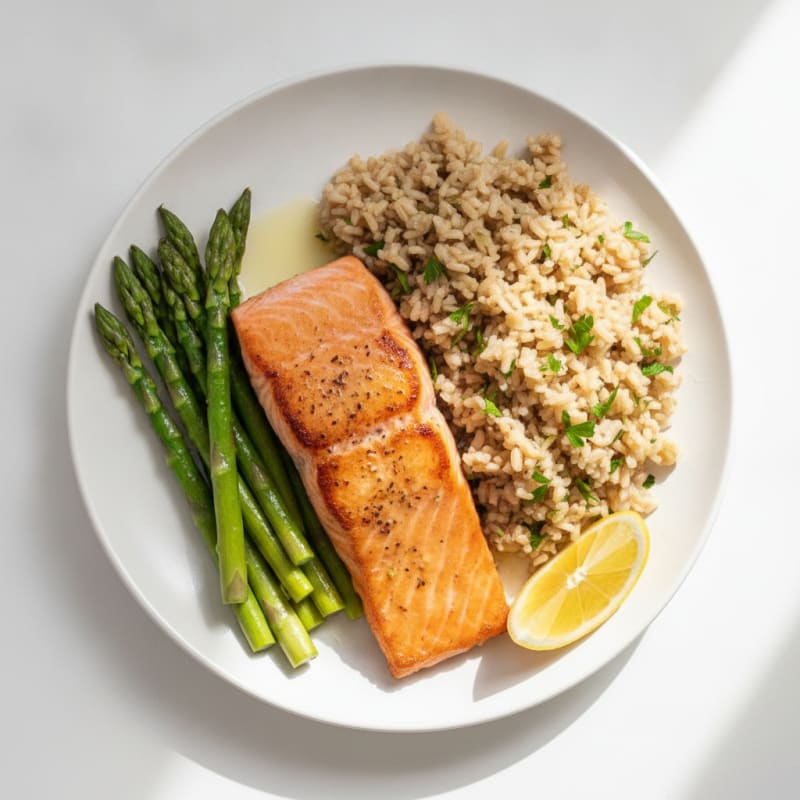 Seared Salmon with Steamed Asparagus and Herbed Brown Rice