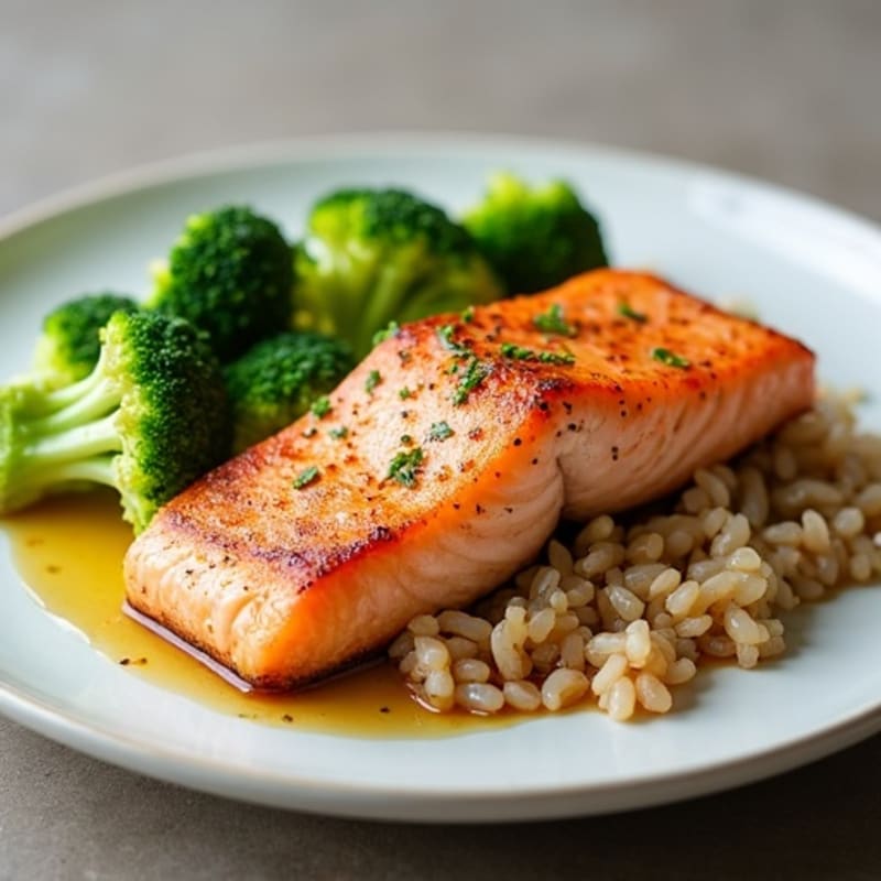 Seared Salmon with Steamed Broccoli and Brown Rice