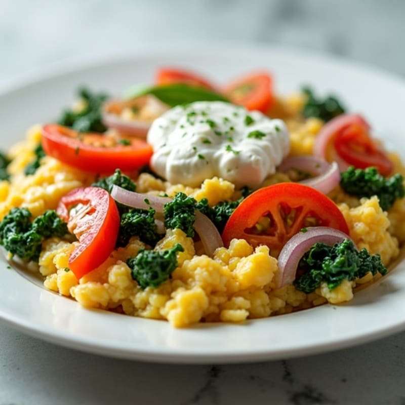 Egg White Veggie Scramble with Cottage Cheese and Sautéed Spinach
