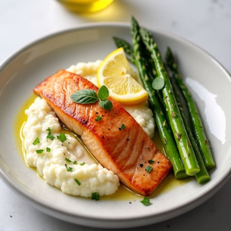 Seared Salmon with Steamed Asparagus and Cauliflower Mash