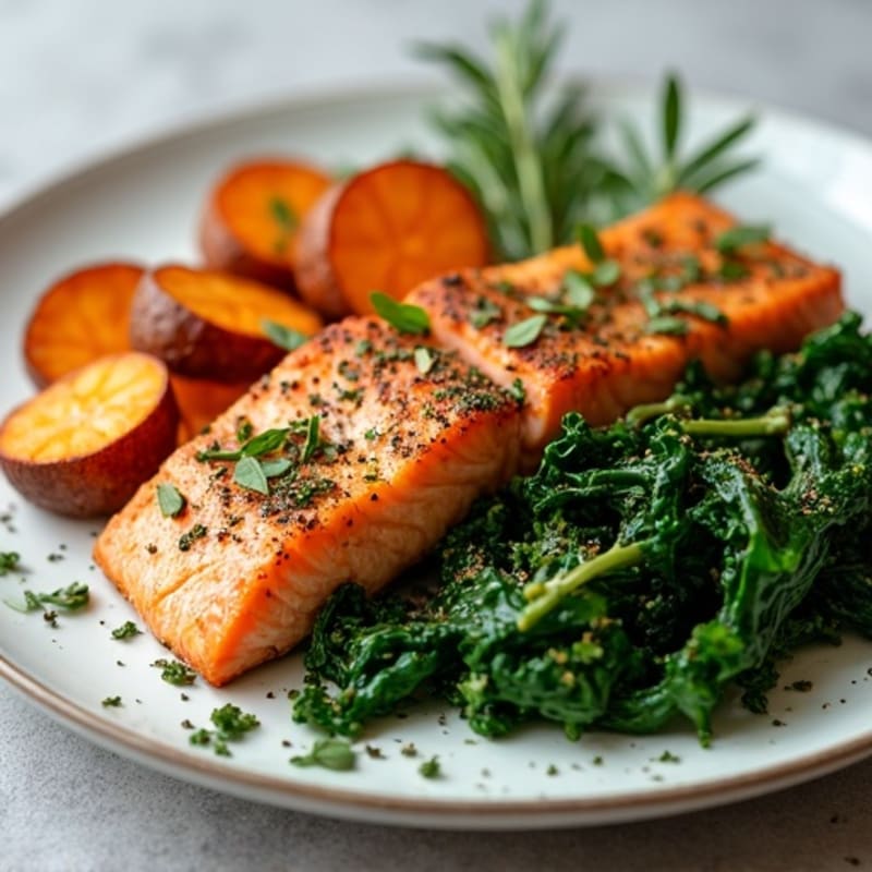 Crispy Roasted Sweet Potatoes with Herb-Crusted Salmon and Sautéed Greens
