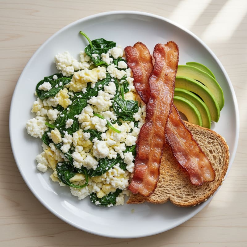 Cottage Cheese Egg White Scramble with Spinach and Turkey Bacon