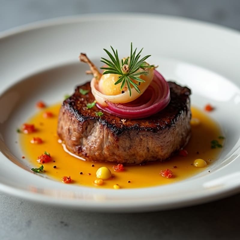Seared Ribeye Steak with Roasted Bone Marrow and Pickled Red Onion