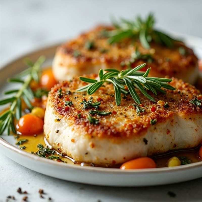 Herb-Crusted Pan Seared Pork Chops with Roasted Garlic