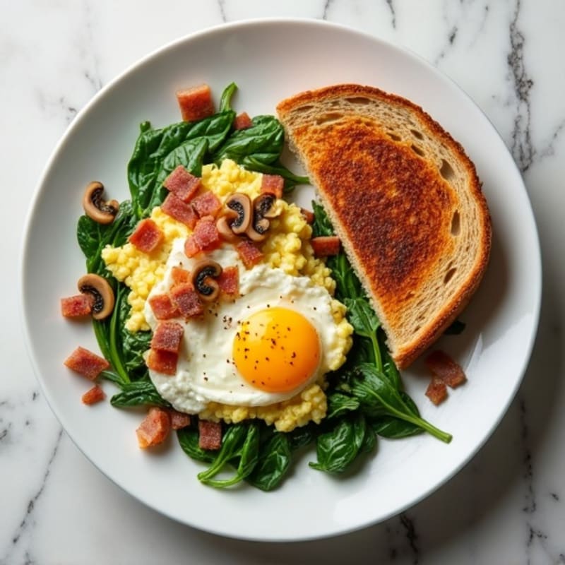 Egg White Spinach Scramble with Turkey Bacon and Sautéed Mushrooms