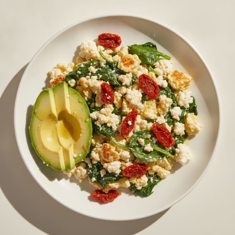 Cottage Cheese Scramble with Spinach and Sun-Dried Tomatoes