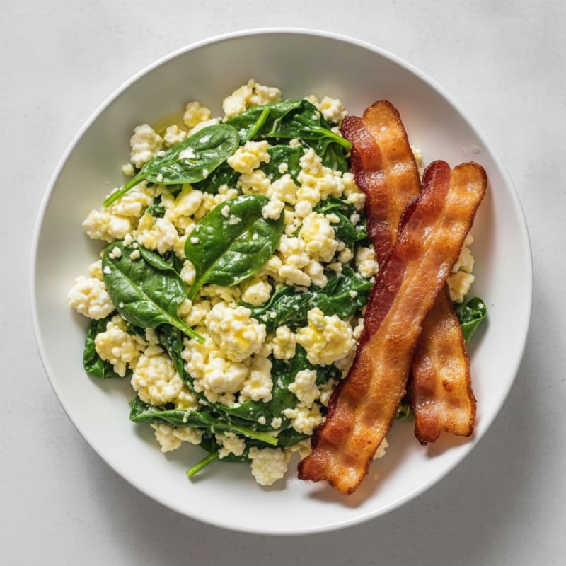 Cottage Cheese Egg Scramble with Spinach and Turkey Bacon