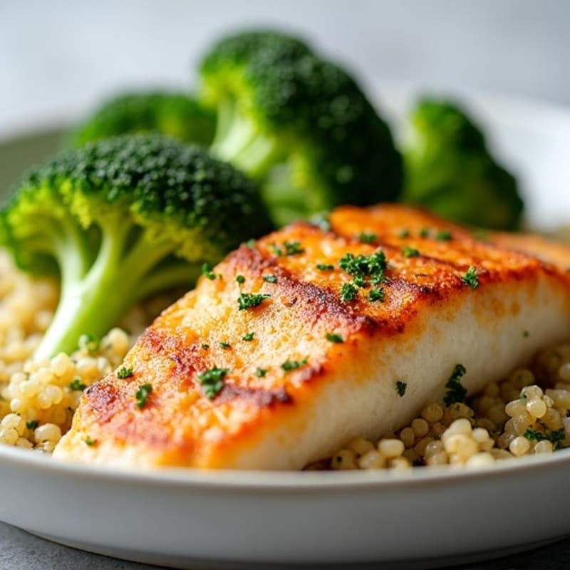 Seared Cod Fillet with Steamed Broccoli and Quinoa