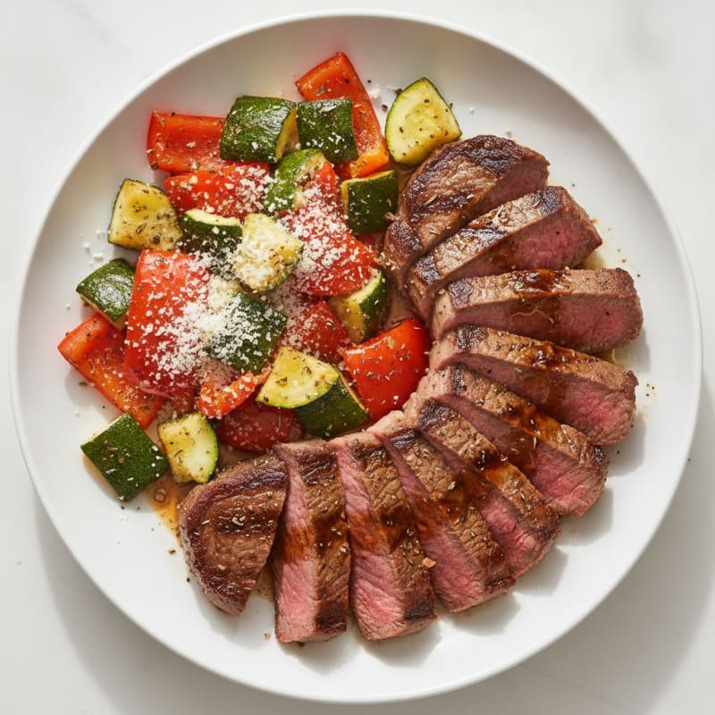 Seared Beef Steak with Herb-Roasted Vegetables and Parmesan