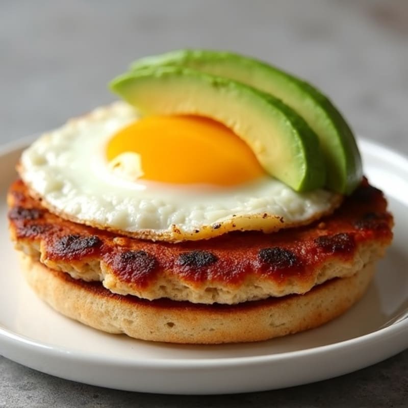 Savory Egg and Turkey Sausage Patties on Toasted Whole Grain English Muffin with Sliced Avocado