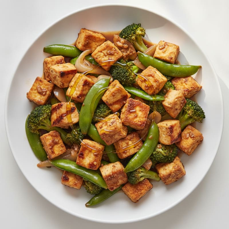 Crispy Tofu and Chicken Stir-Fry with Broccoli and Snow Peas