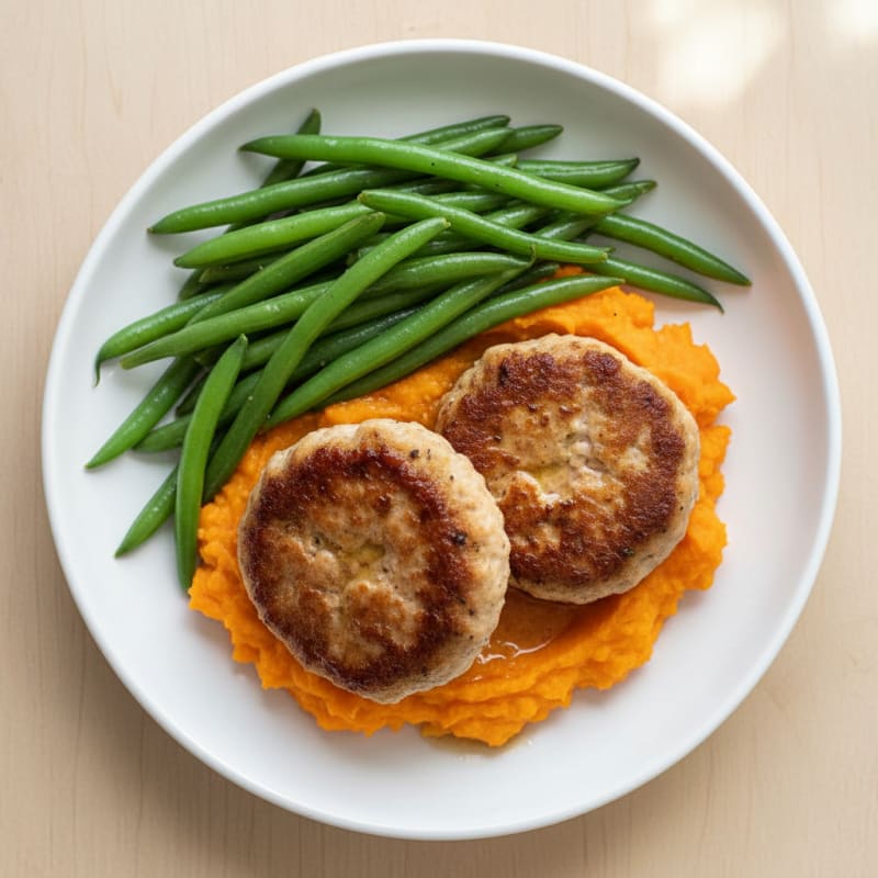 Seared Turkey Patties with Steamed Green Beans and Sweet Potato Mash