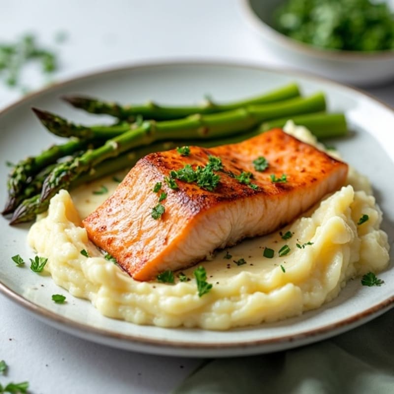 Seared Salmon Fillet with Steamed Asparagus and Garlic Mashed Potatoes