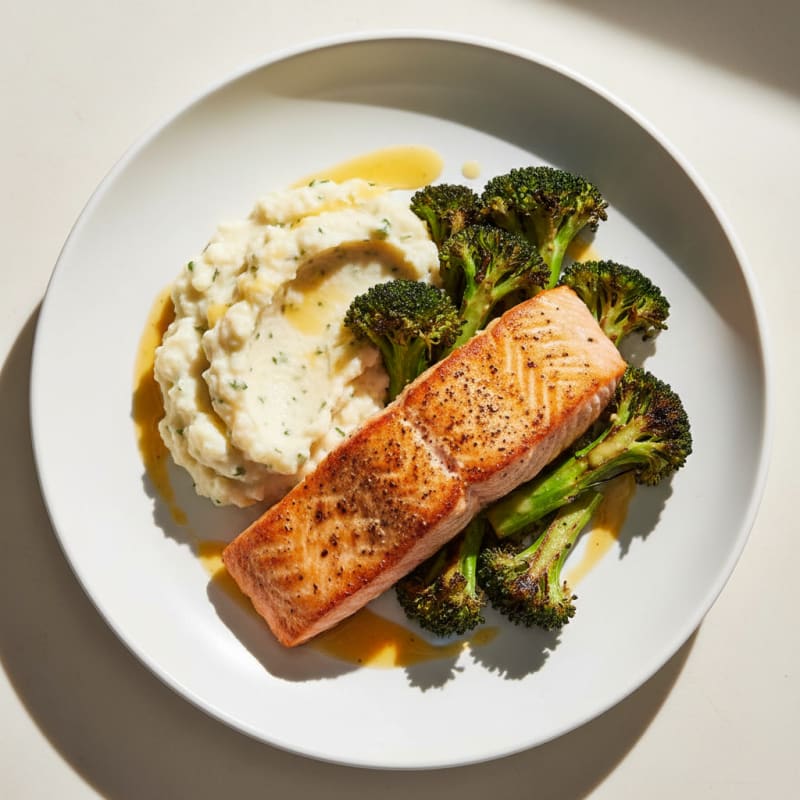 Seared Salmon with Roasted Broccoli and Herb-Cauliflower Mash