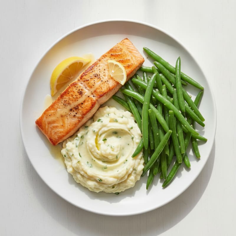 Seared Salmon with Steamed Green Beans and Garlic Mashed Cauliflower