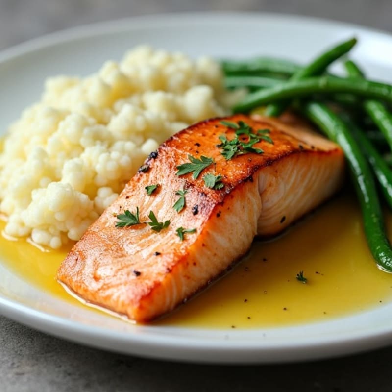 Seared Salmon with Garlic Green Beans and Cauliflower Mash