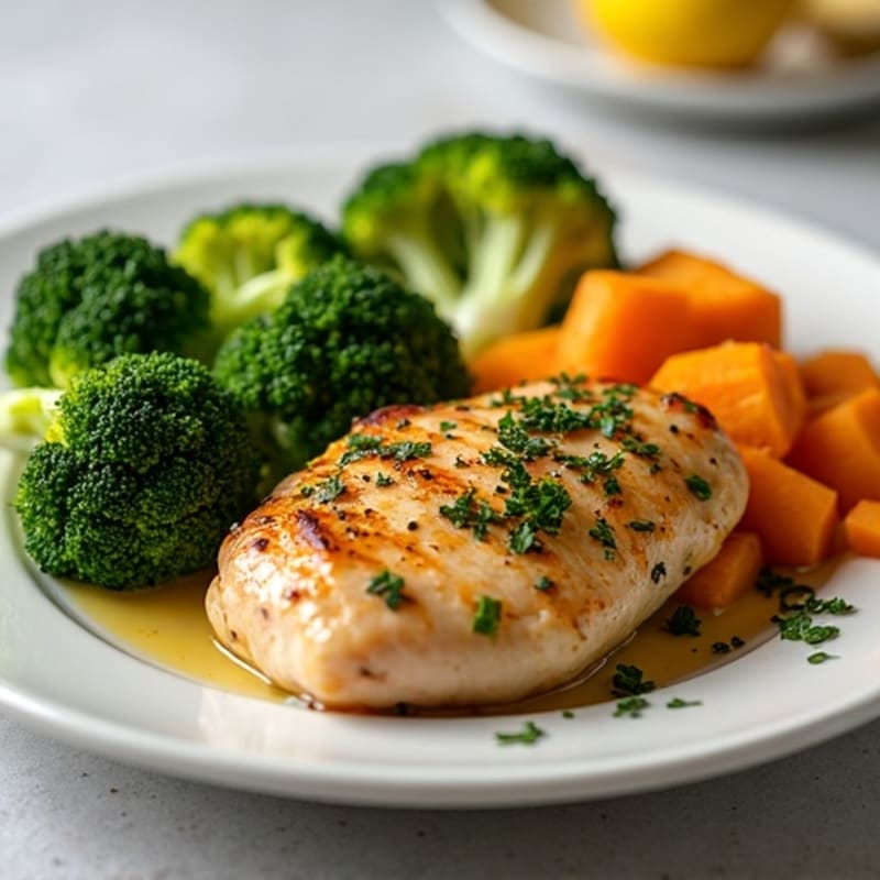 Lemon-Herb Roasted Chicken with Crispy Broccoli and Sweet Potato