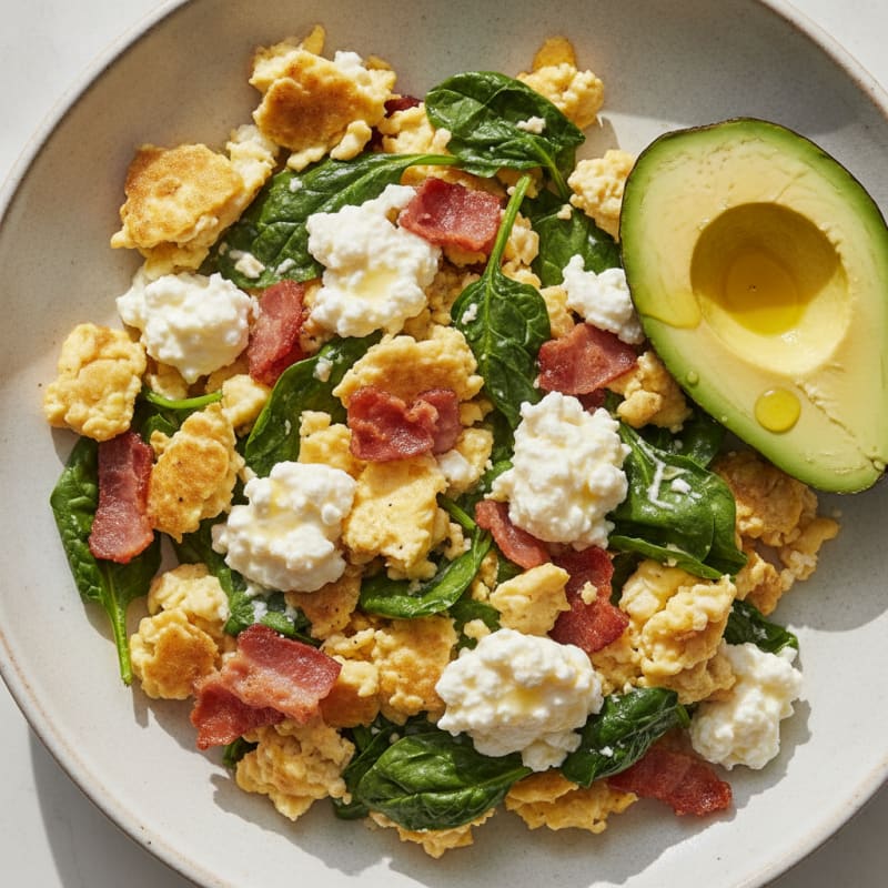 Cottage Cheese Scramble with Spinach and Turkey Bacon