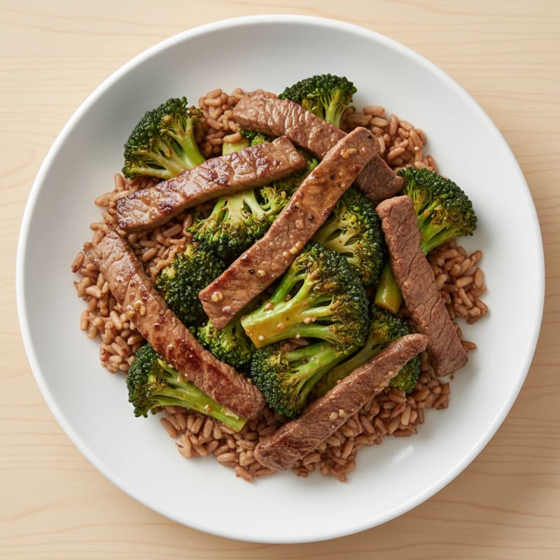 Seared Lean Beef Strips with Broccoli and Brown Rice