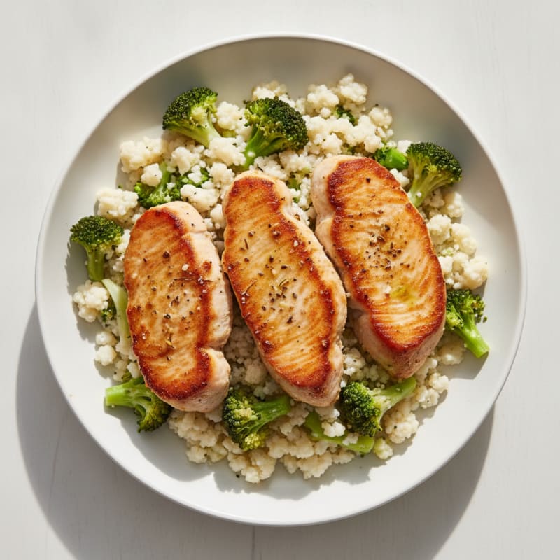 Seared Turkey Breast with Steamed Broccoli and Cauliflower Rice