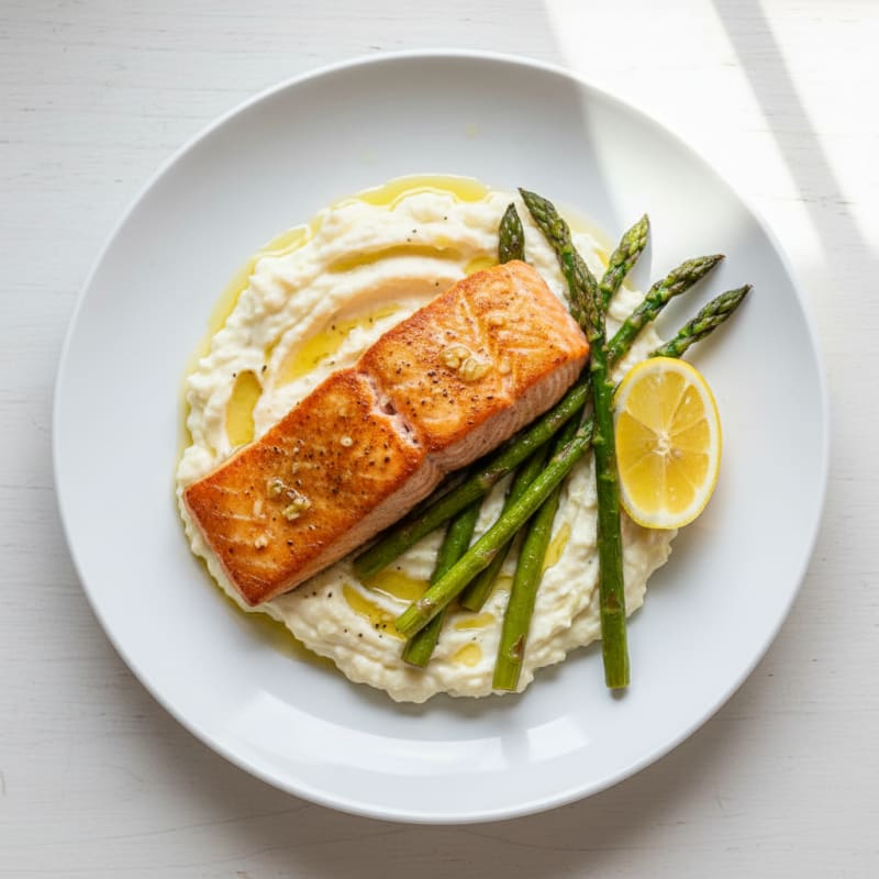 Seared Salmon Fillet with Roasted Asparagus and Cauliflower Mash