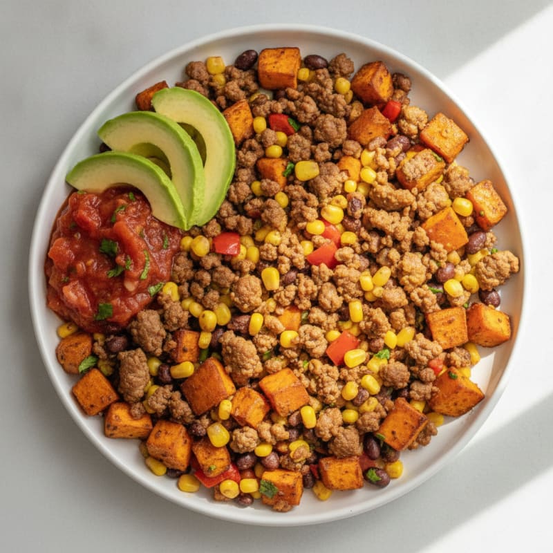 Lean Ground Beef and Sweet Potato Skillet with Corn and Salsa