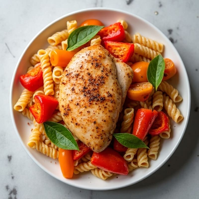 Spicy Chicken and Whole Wheat Pasta with Smoky Bell Peppers