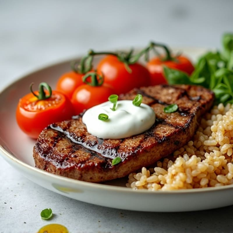 Grilled Steak with Brown Rice, Roasted Tomatoes & Yogurt Drizzle