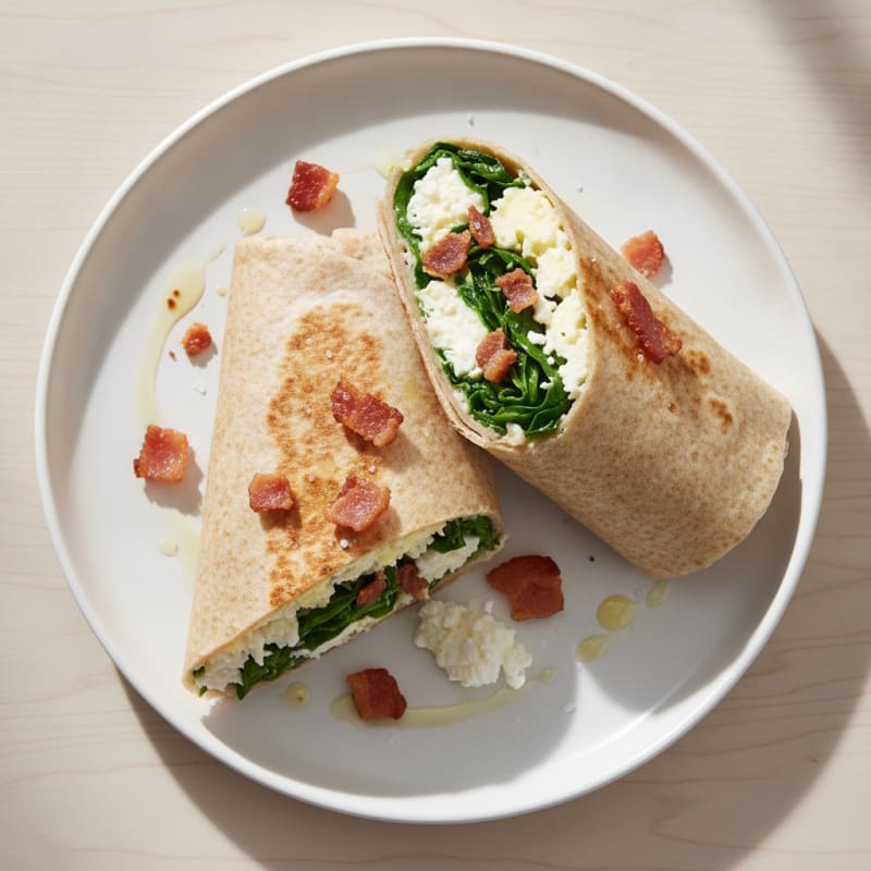 Crispy Turkey Bacon Egg White Wrap with Spinach and Cottage Cheese
