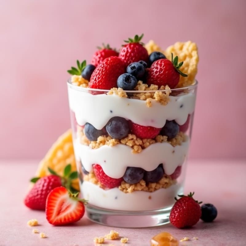 Mixed Berry Protein Yogurt Parfait with Crispy Rice Chips