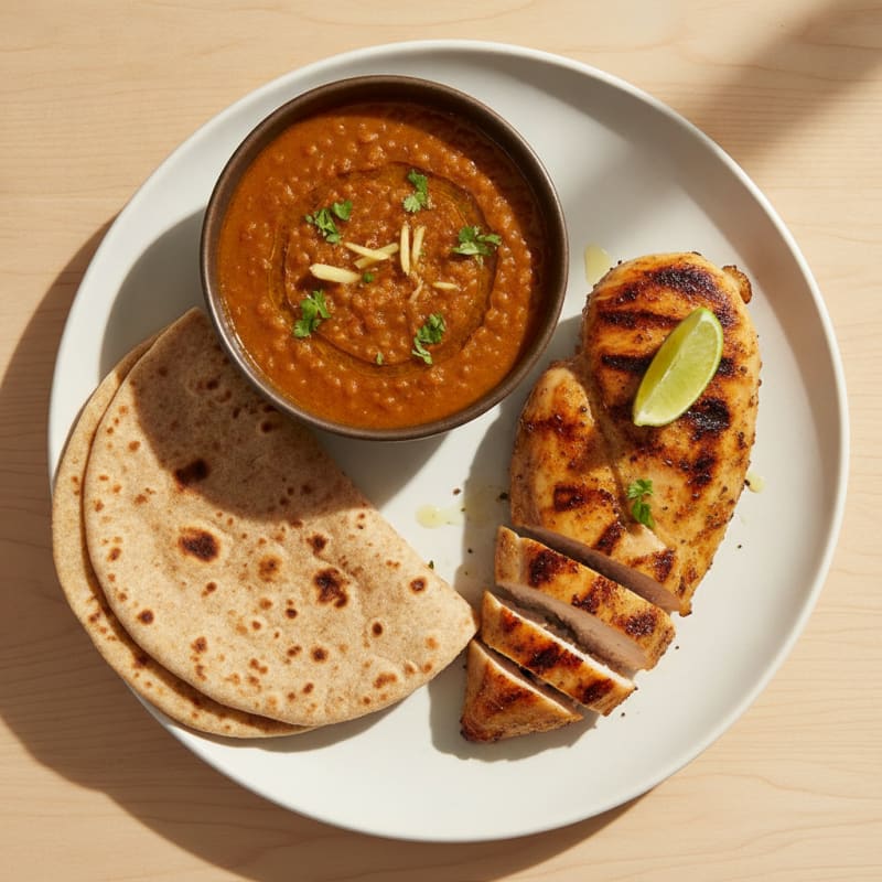 Grilled Chicken Breast with Lentil Dal and Roti