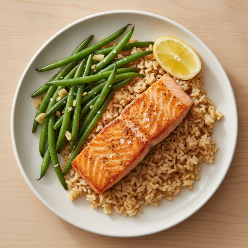 Seared Salmon Fillet with Garlic Green Beans and Brown Rice