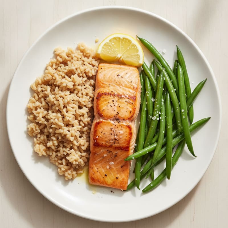 Seared Salmon Fillet with Steamed Green Beans and Brown Rice