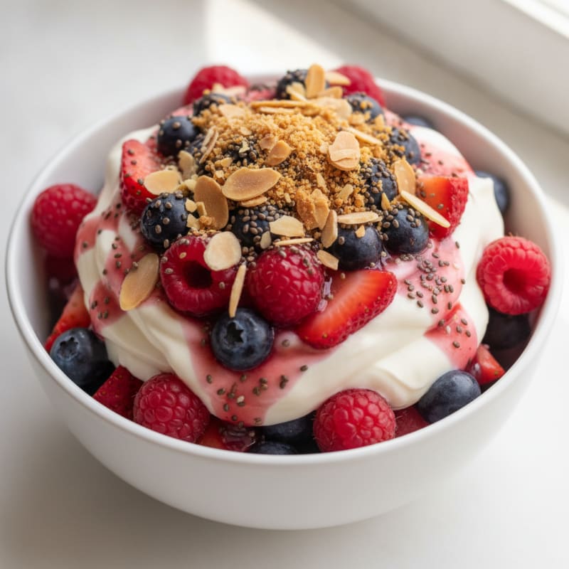 Greek Yogurt Protein Parfait with Mixed Berries and Almonds