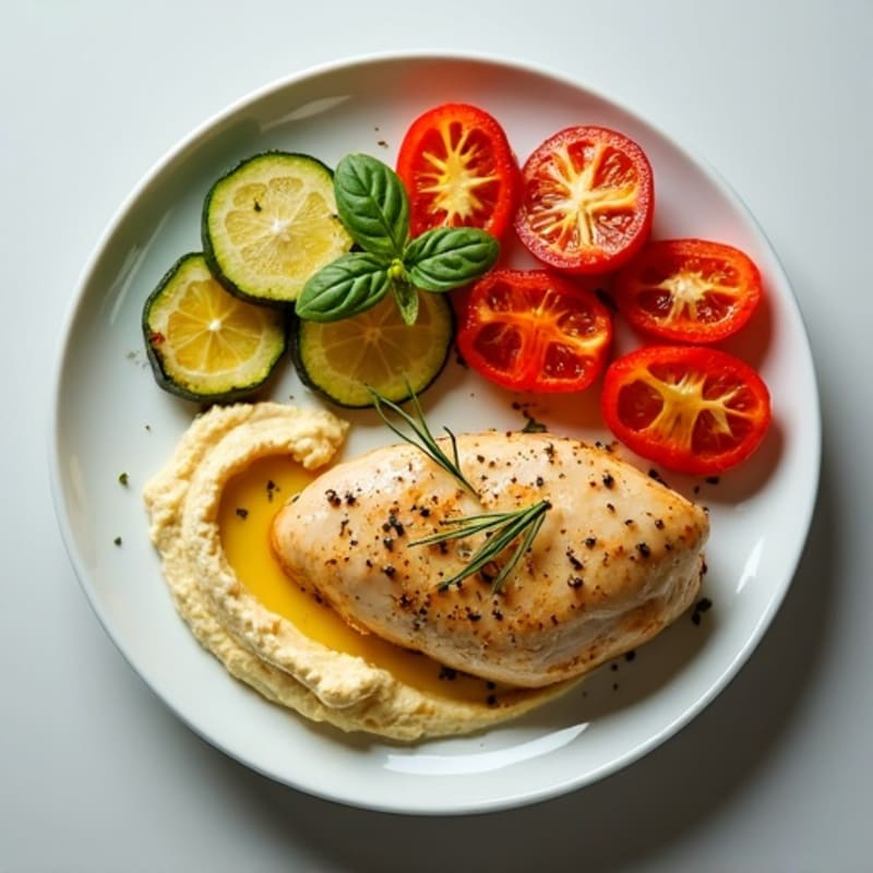 Lemon-Herb Chicken with Creamy Hummus and Fresh Roasted Vegetables