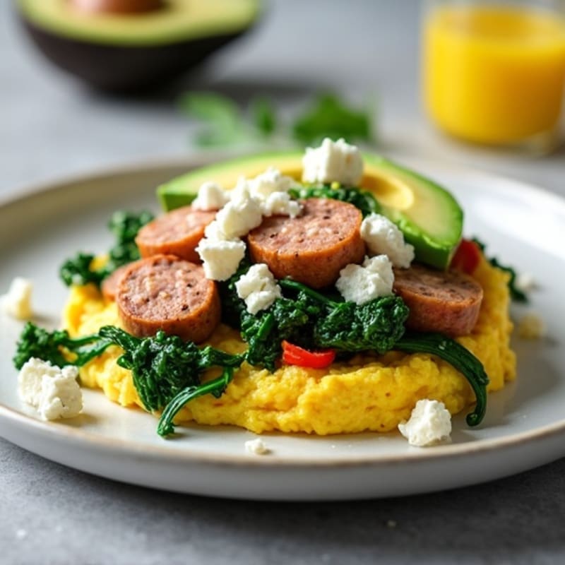 Egg White Scramble with Turkey Sausage and Sautéed Spinach