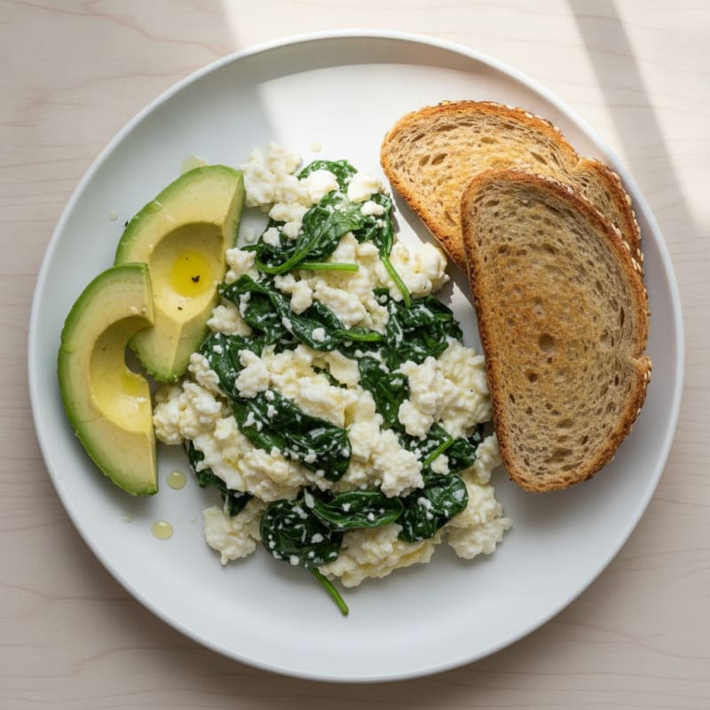 Egg White Scramble with Cottage Cheese and Sautéed Spinach