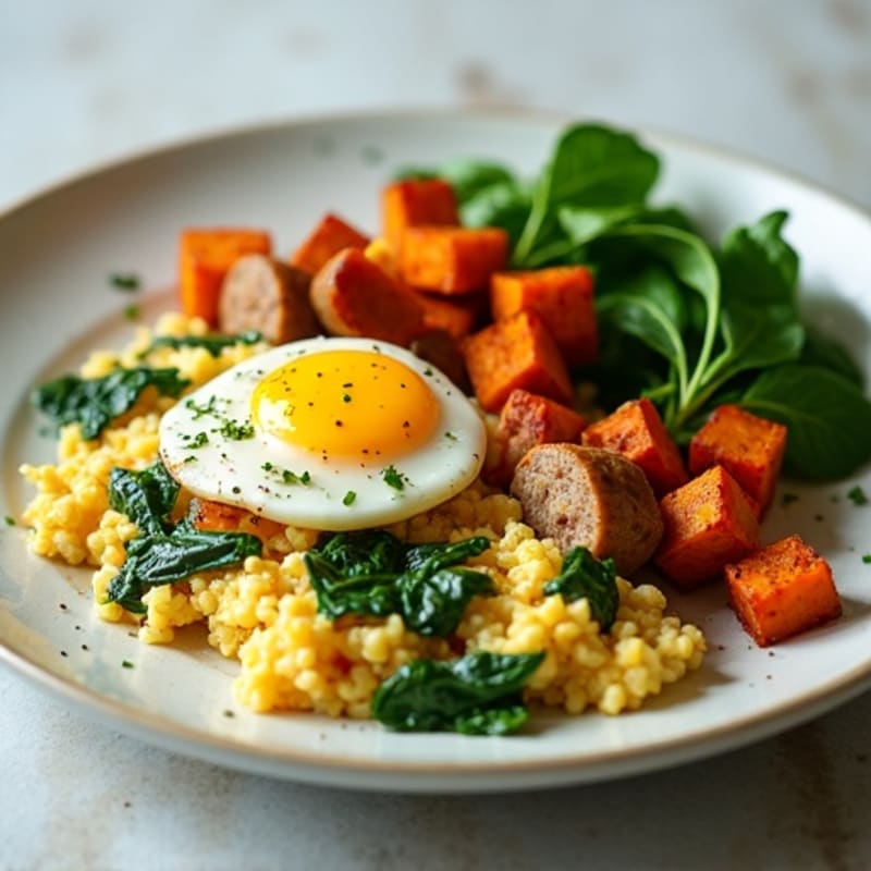 Egg White and Turkey Sausage Scramble with Spinach and Roasted Sweet Potato